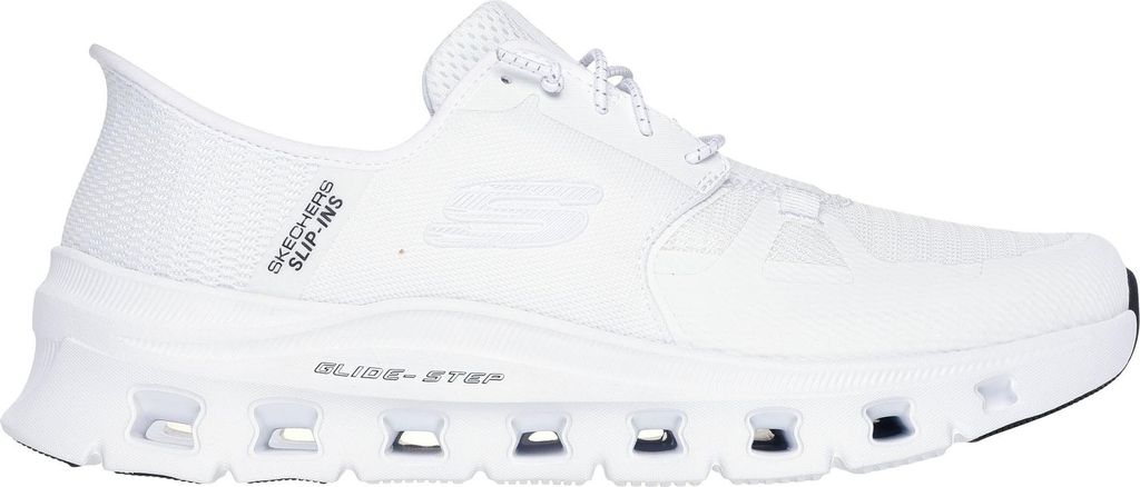 A white Skechers shoe is shown from the side against a white background.