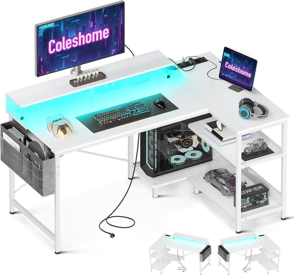 A white L-shaped gaming desk with LED lighting, a computer, monitors, and accessories.
