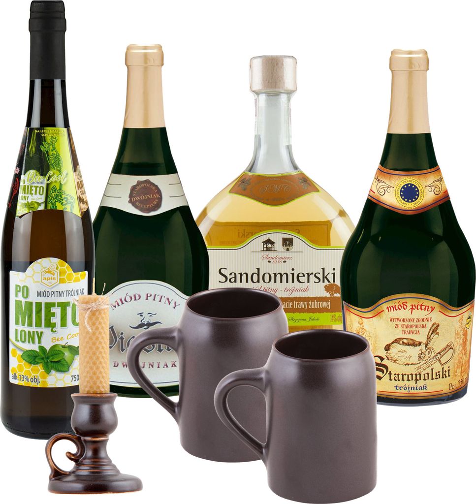Setz von 4 Mets mit Keramikkrügen und Leuchter (Honigwein Dwójniak-Halber / 3x Trójniak-Drittel) | 3000ml | 13-16% Alkohol Metwein | Polnische P...