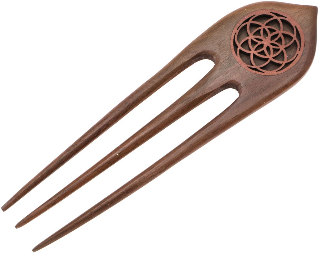 Ethno Holz Haarspange, Boho Haarnadel, Haarforke - Blume des Lebens, Braun, 14*3,5 cm, Haarspangen, Haarschmuck