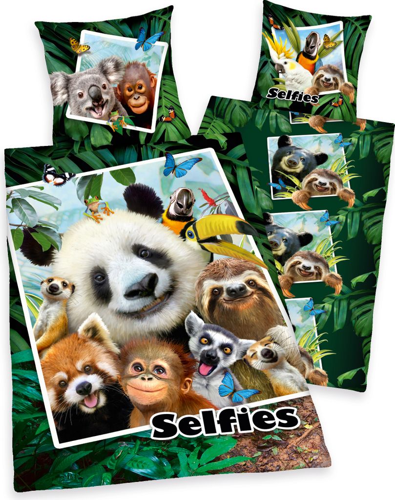 Selfies Jungle Bettwäsche / Kinderbettwäsche, 100% Baumwolle ( Renforcé ), 80x80 + 135x200 cm