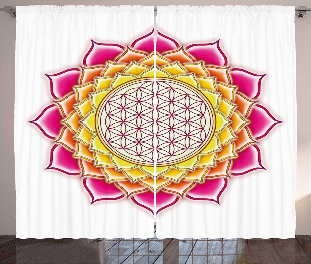ABAKUHAUS Lotus Rustikaler Gardine, Klare Blume des Lebens Lotus, Schlafzimmer Kräuselband Vorhang mit Schlaufen und Haken, 280 x 225 cm, Gelb Orange