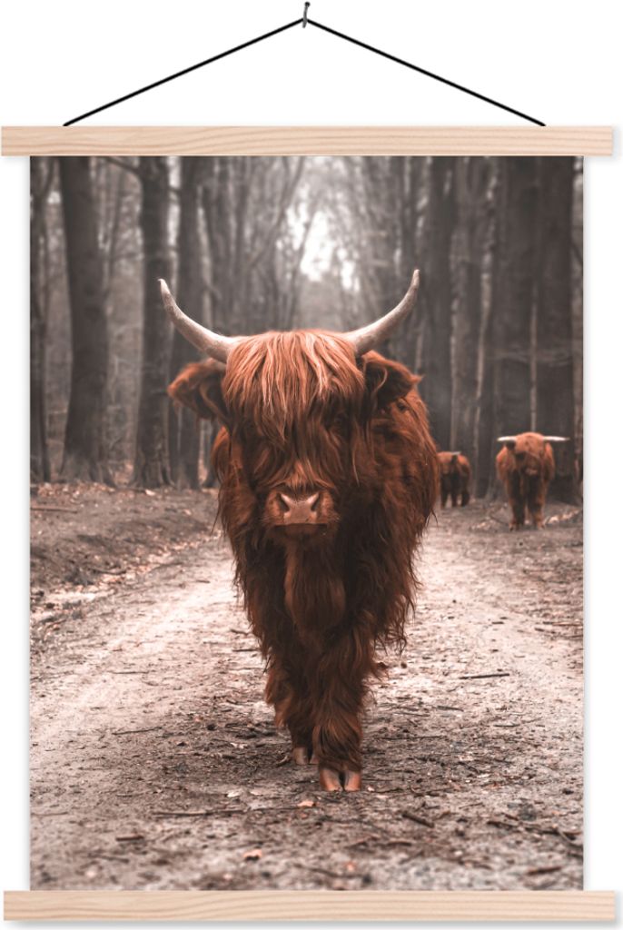 MuchoWow Textilposter Schottisches Hochlandrind - Wald - Kuh - Tiere - Natur 40x53 cm mit holzfarbenen Rahmen - Schlafzimmer
