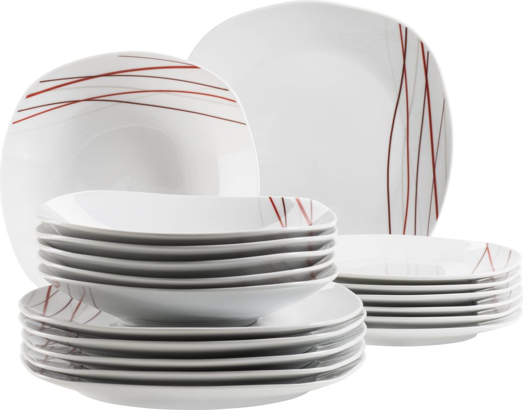 A set of white dinnerware with red and brown abstract line designs, stacked against a white background.