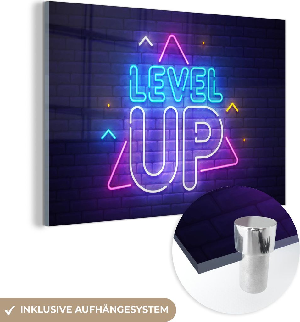 MuchoWow Glasbilder - Bilder auf Wandbild - Foto auf Glas Spiele - Neon - Level Up - Zitate - Spiele 90x60 cm Wanddekoration aus Glas - Acrylglasbi...