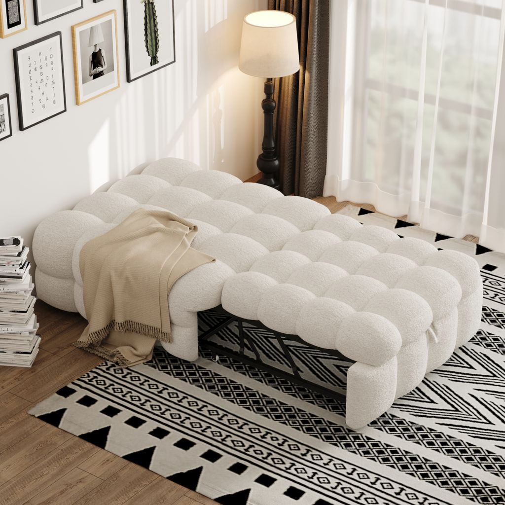 okwish Schlafsofa, 2-in-1-Fußhocker, mit Ausziehbett,Einzelbett,Puffy-Bett Mit Metallrahmen,Teddy-Stoff, Beige