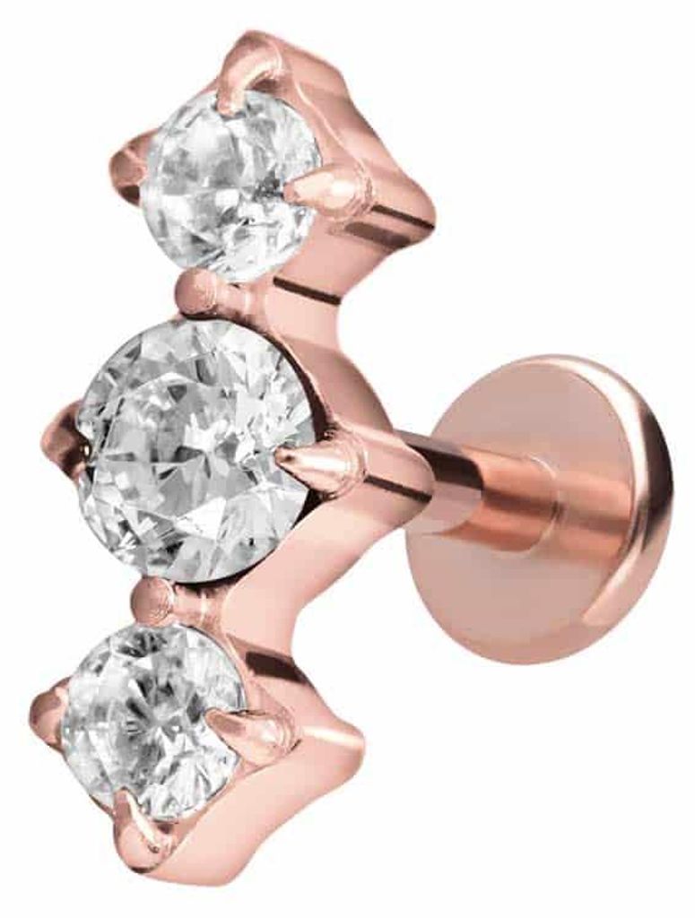 Ohrpiercing, Nasenpiercing Titan Labret mit Innengewinde 3 EINGEFASSTE KRISTALLE RoséGold Stablänge: 10mm | Stabstärke: 1,2mm