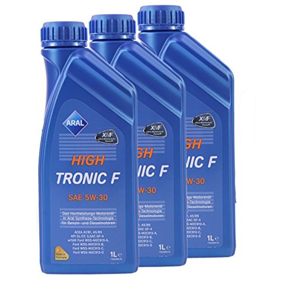 Three bottles of Aral HighTronic F 5W-30 engine oil.