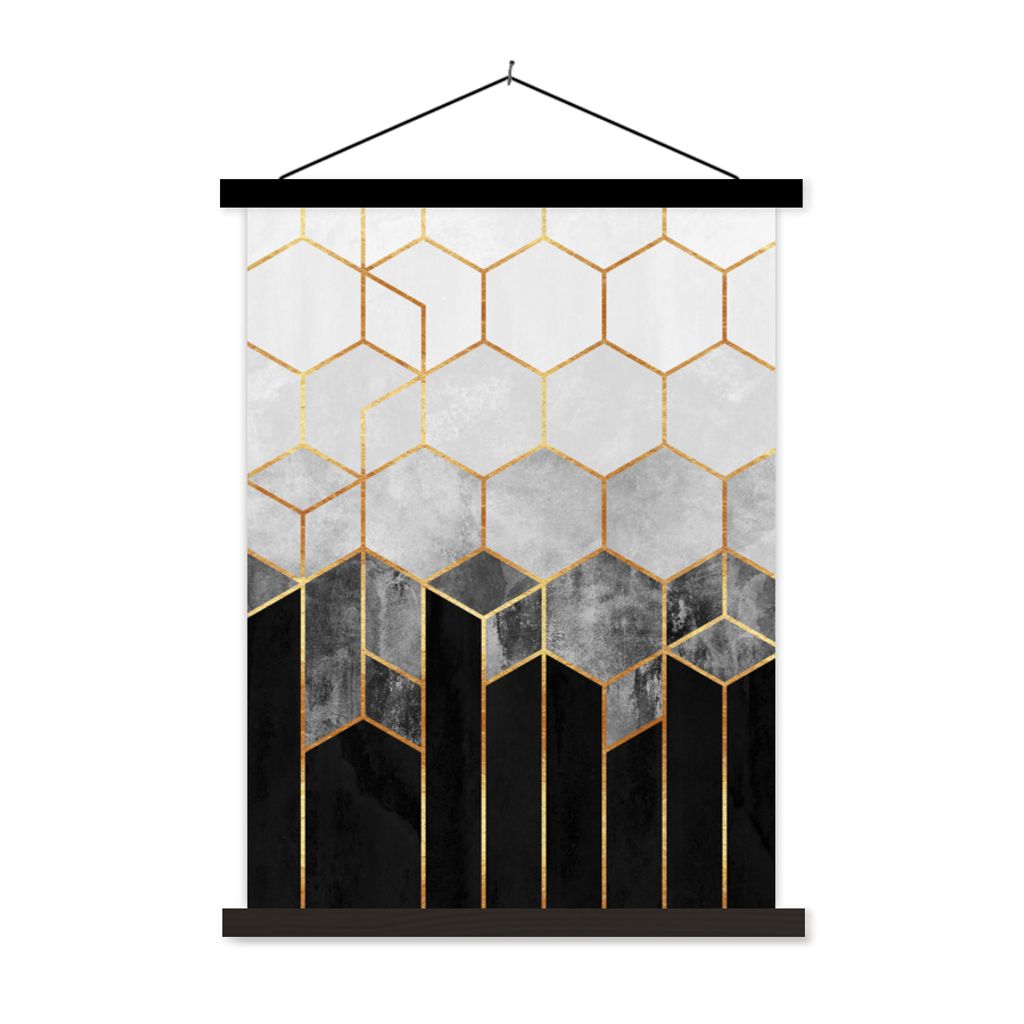 MuchoWow Textilposter Gold - Sechseck - Chic - Muster - Luxus 60x80 cm mit schwarzem Rahmen - Plakathalter