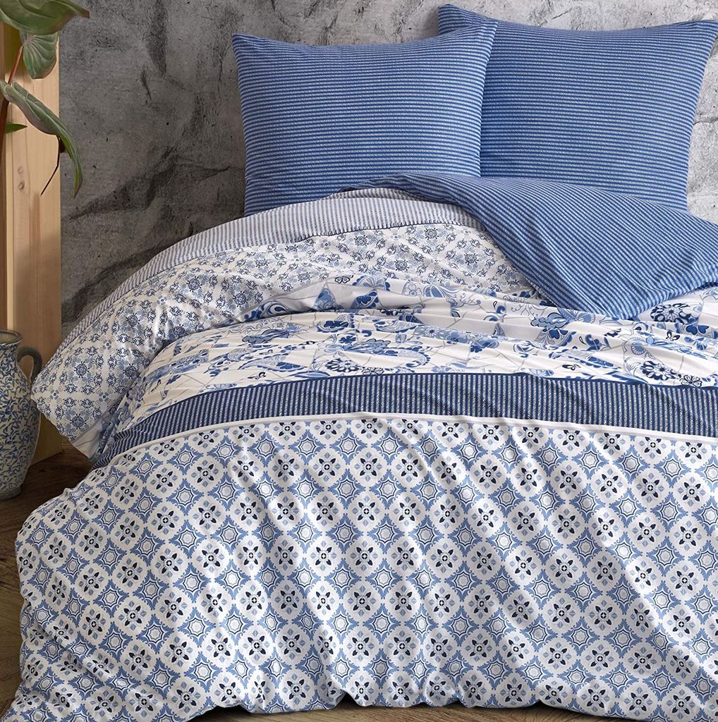 Bettwäsche Set Paisley Streifen Blumen Retro blau weiß Wende Baumwolle Renforce, Größe:2 teilig 135x200 cm - Normalgröße