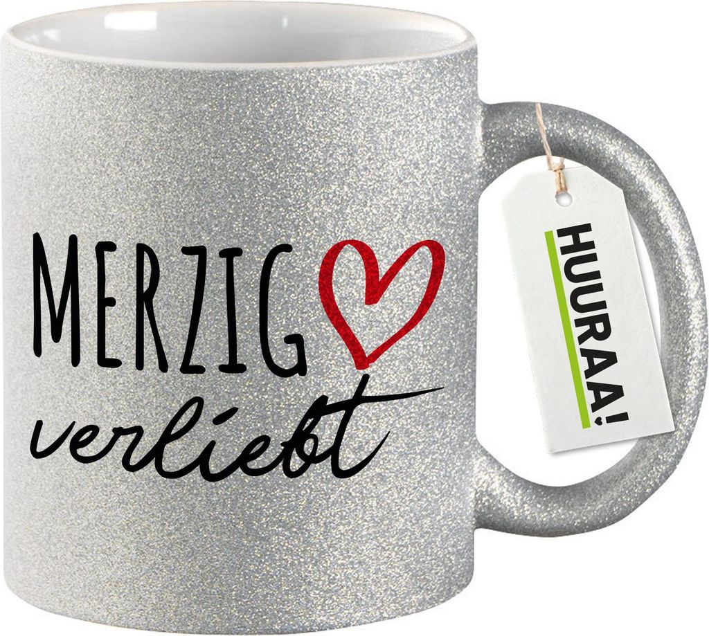 Huuraa Glitzertasse Merzig verliebt 330ml Silber Keramik Kaffeebecher Geschenkidee
