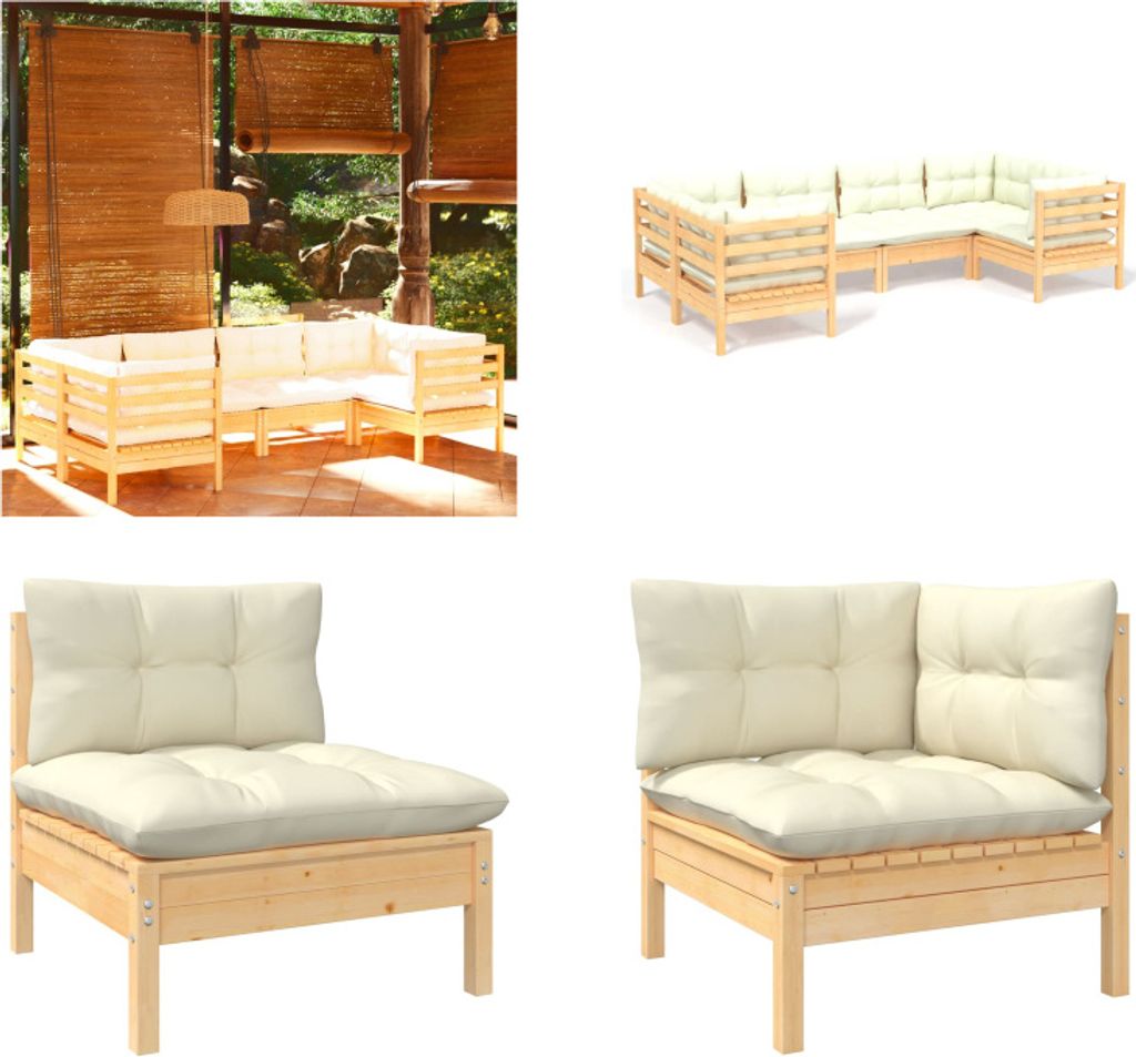 vidaXL 6 tlg. Garten Lounge Set mit Creme Kissen Kiefernholz - Garten-Lounge-Set - Garten-Lounge-Sets - Gartenmöbel-Set - Gartenmöbel-Sets