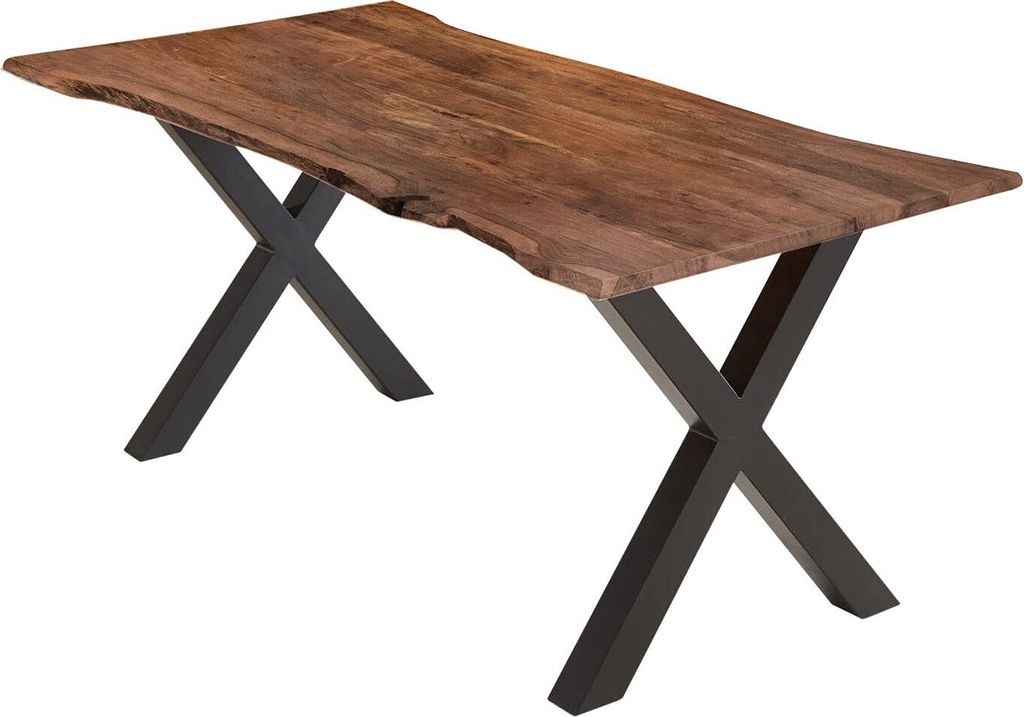 Esstisch 180x90 cm Burgos, Akazienholz massiv + nussbaumfarben + lackiert, echte Baumkante, Baumkantentisch mit X-Gestell aus Metall schwarz, Tisch...