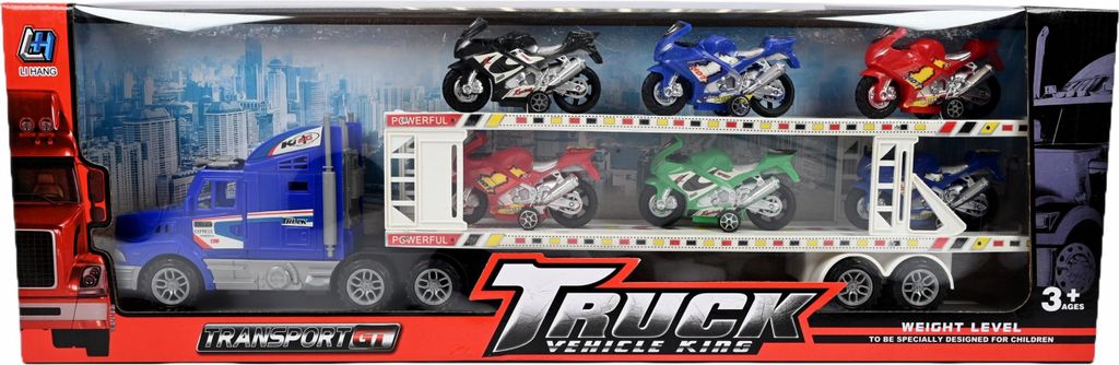 Großer LKW Transporter mit Autos & Motorrädern - Spielzeugauto Set 63cm - Autotransporter Bunt