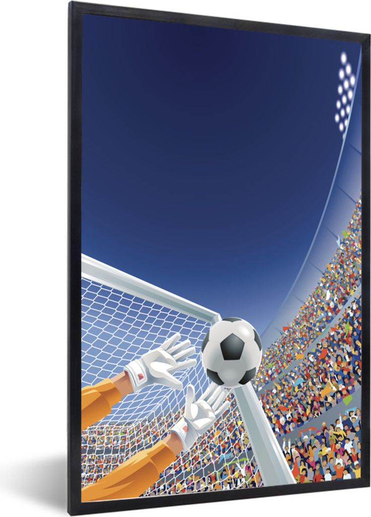 MuchoWow Gerahmtes Poster Eine Illustration eines Torwarts, der den Fußball stoppt - Junge - Mädchen - Kind 60x80 cm - Poster mit Schwarzem Bil...