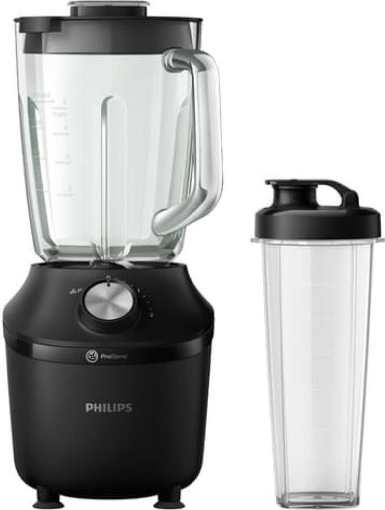 A black Philips blender with a glass jar and a separate clear cup with a black lid.
