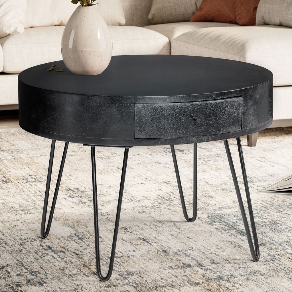 FineBuy Couchtisch Mango Massivholz Schwarz rund Ø 60 cm – Wohnzimmertisch mit Schublade & Hairpin Beinen | Retro Design Holztisch handgefertigt