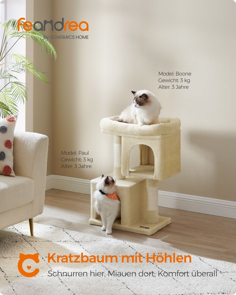 A cat tree with two cats in a living room setting.