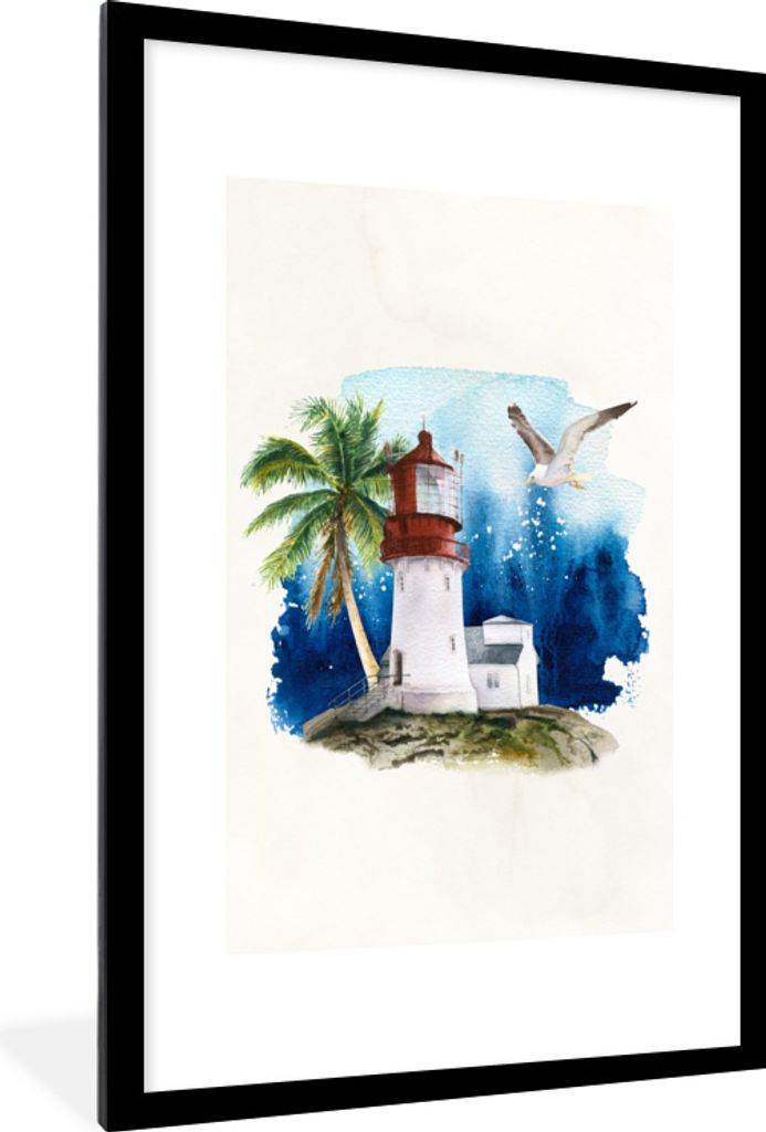 MuchoWow MuchoWow Gerahmtes Poster Aquarell - Leuchtturm - Palme 60x90 cm - Poster mit zchwarzem Bilderrahmen - Dekoration - Wandposter Wohnzim...
