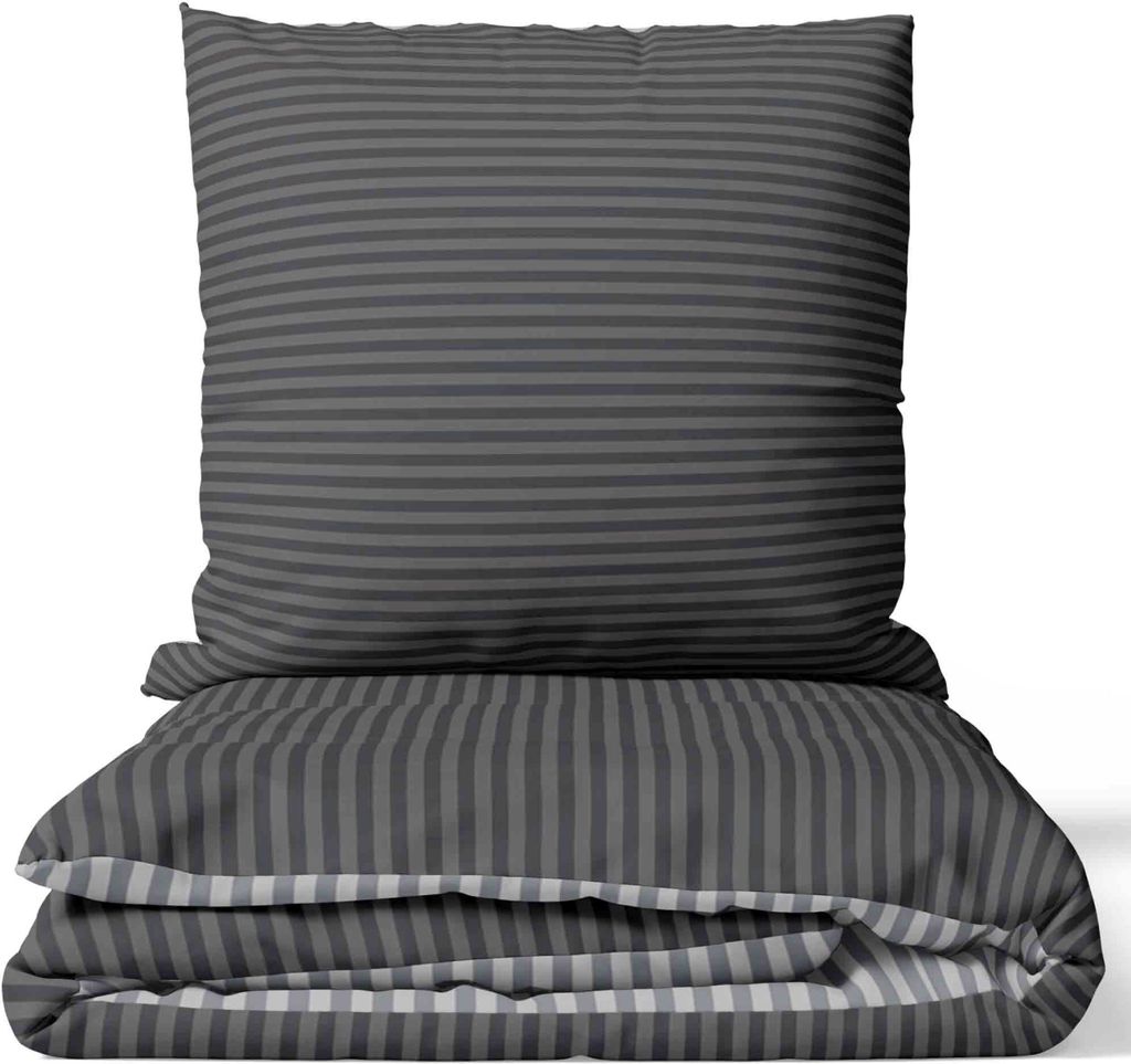 Bettwäsche Set 155x220 cm in Anthrazit mit Streifenmuster Produktbild