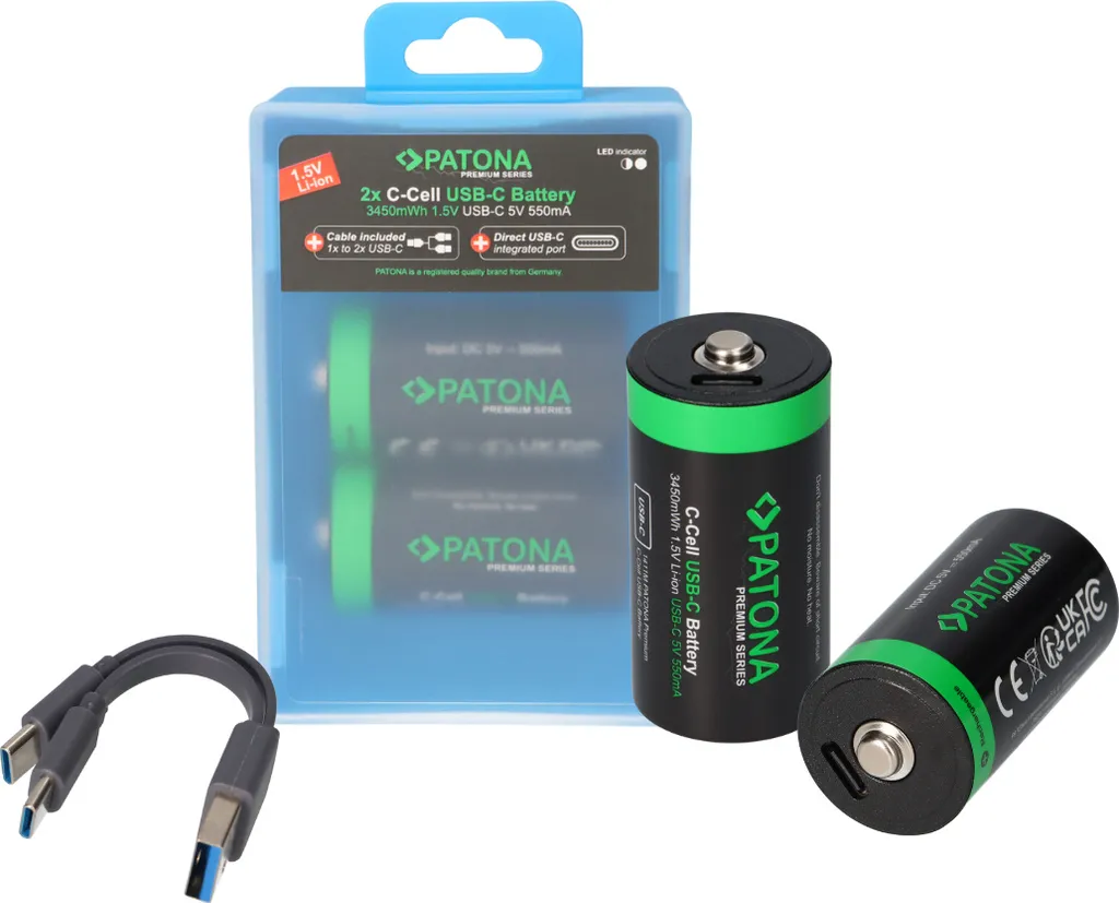 Batterie Litio LR14 Baby C Ricaricabili 1.5V 3.5Wh USB-C Torce LED