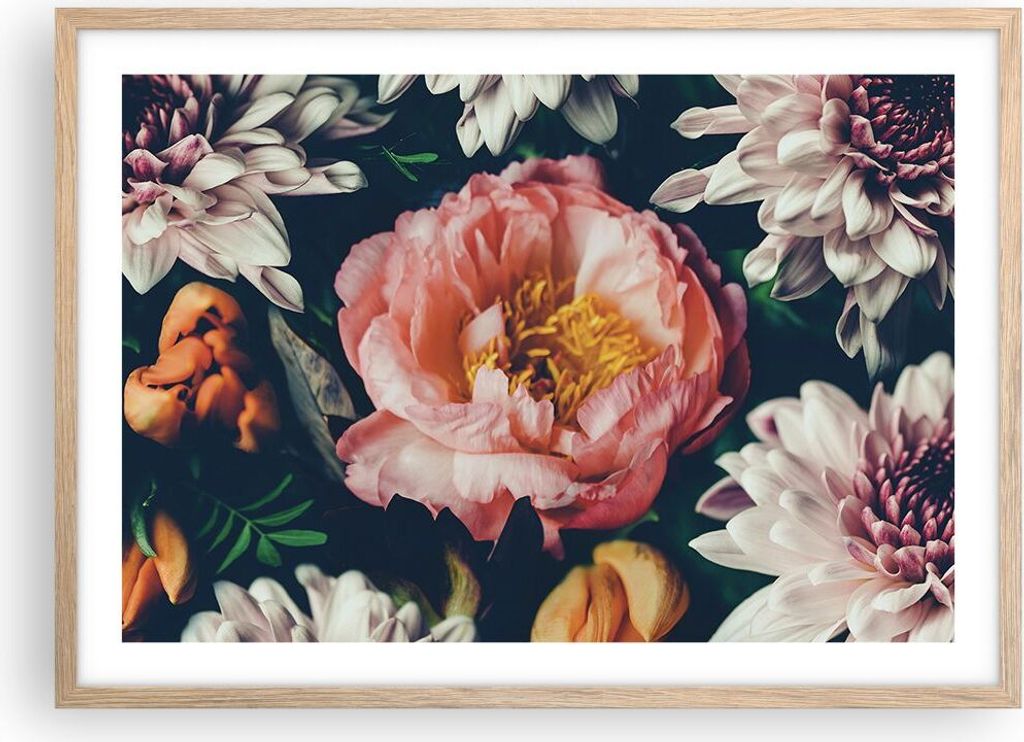 Gerahmtes Poster - Rahmen in heller Eiche - Blumen Pfingstrose Holzig - 70x50 cm - Wand Bild - Wanddeko - Wandbilder - Kunstposter - Wandposter - B...