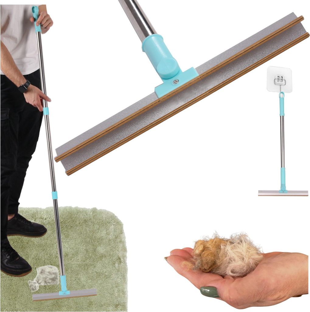 A collage of images showing a cleaning brush being used on a carpet, a close-up of the brush head, and a small pile of collected pet hair.