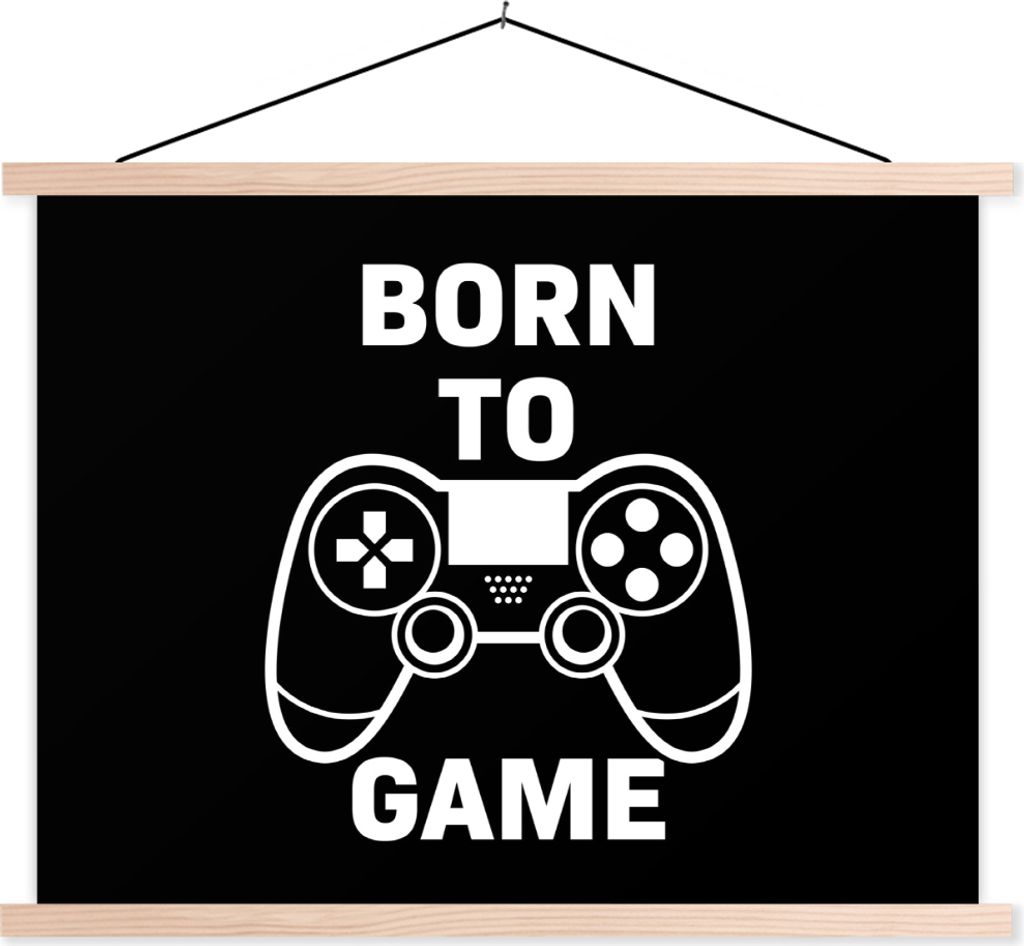 MuchoWow Textilposter Gaming - Zitate - Controller - Zum Spielen geboren - Schwarz - Weiß 60x45 cm mit holzfarbenen Rahmen - Bild