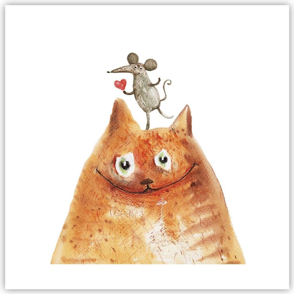 Poster - Poster ohne Rahmen - Katze Maus Kinder - 40x40 cm - Wand Bild - Wanddeko - Wandbilder - Kunstposter - Wandposter - Bilder - Kunstdruck - W...