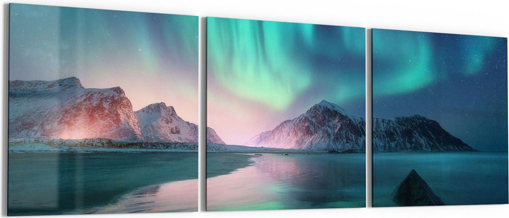 DEQORI Glasbilder Acryl 3x50x50 cm 'Das Nordlicht der Lofoten' Wandbilder XXL groß