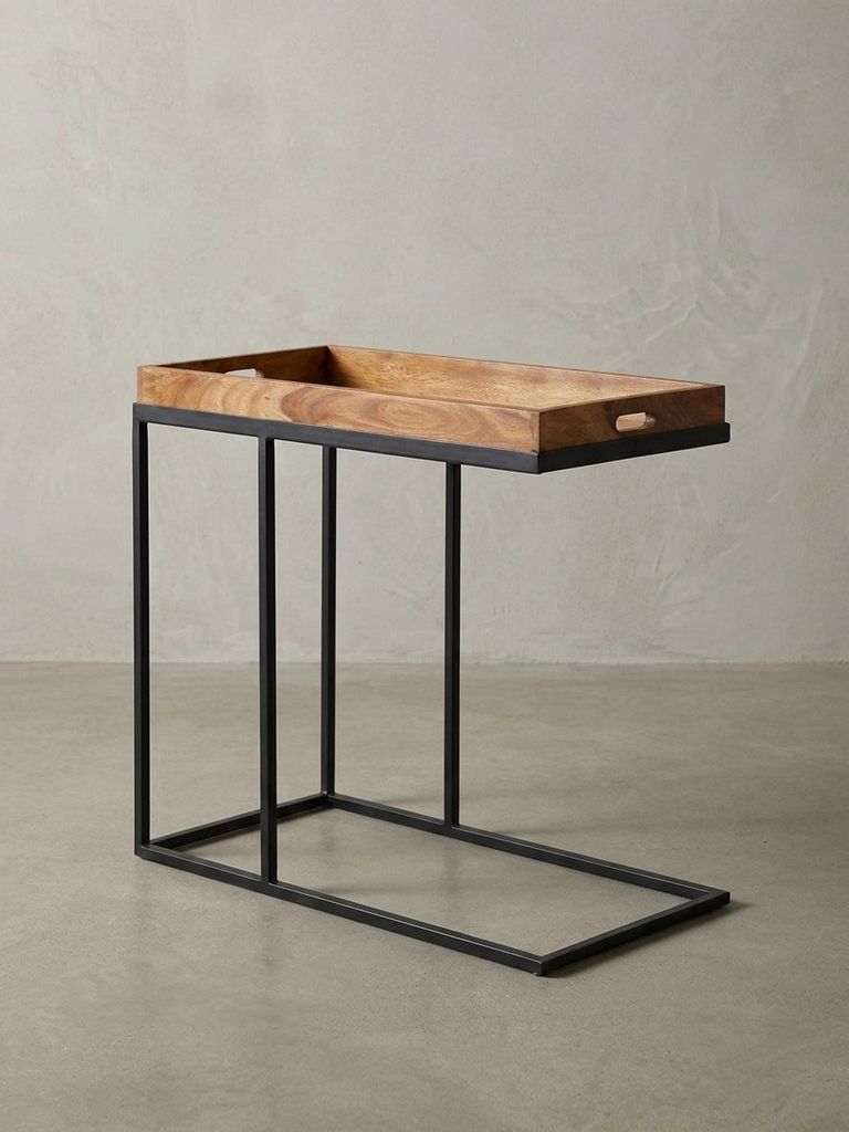 Beistelltisch WL5.667 Sheeshamholz 70x65x34 cm mit Metallgestell, Design TV-Tray Tabletttisch Wohnzimmer, Kleiner Serviertisch Naturholz, Abstellti...