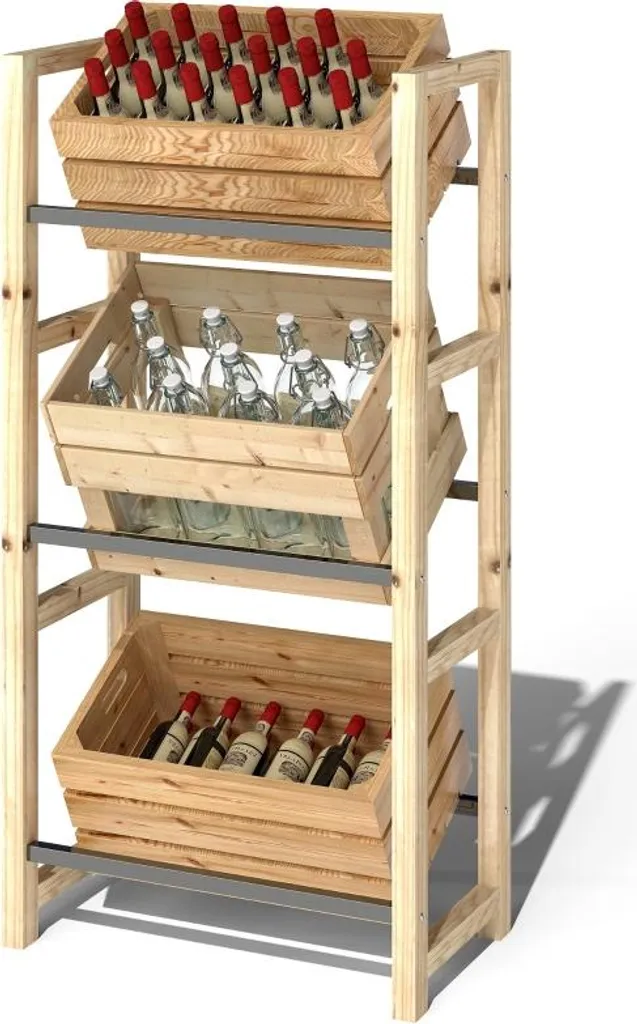 Fortuna Lai Scaffale per 3 casse di bevande Scaffale per bevande in legno Scaffale a 3 ripiani indipendente Supporto per casse di bevande con portata 150 kg Scaffale per birra, acqua 56 x 32 x 112 cm Legno naturale
