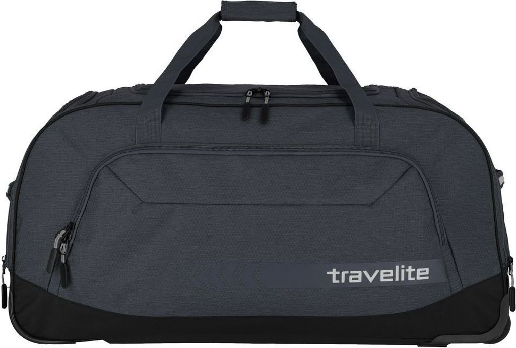 A dark gray Travelite rolling duffel bag with black accents is shown against a white background.