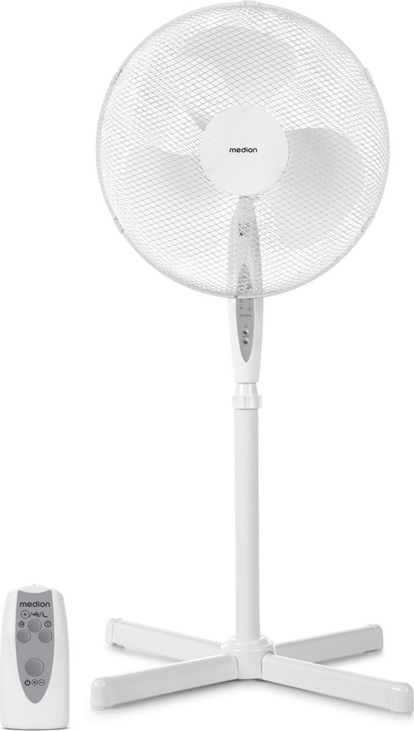 A white stand fan with a remote control on a white background.