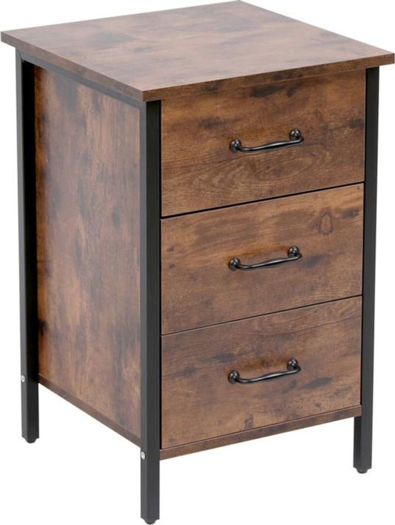 Happy Home Nachttisch Nachtkommode Nachtschrank mit 3 Schubladen, Beistelltisch aus Holz und Metallrahmen, Industrie-Design, Schwarz