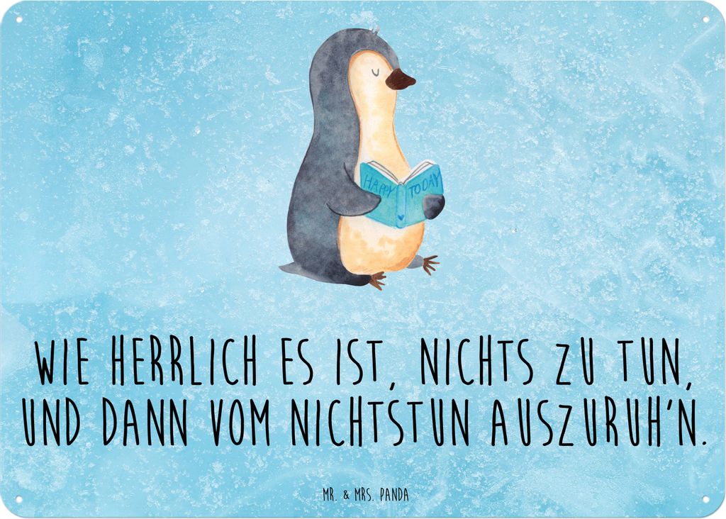 Mr. & Mrs. Panda Wandbild Pinguin Buch DIN A3 - Eisblau - Geschenk, Urlaub, Schild, tafel, Retro Blechschild, Ferien, Türschild, wandtafel