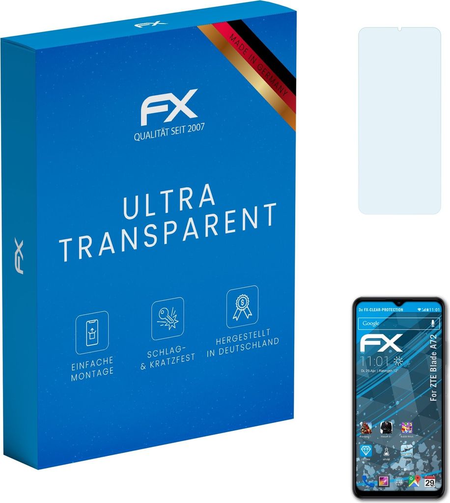 atFoliX FX-Clear 3x Schutzfolie kompatibel mit ZTE Blade A72 Displayschutzfolie