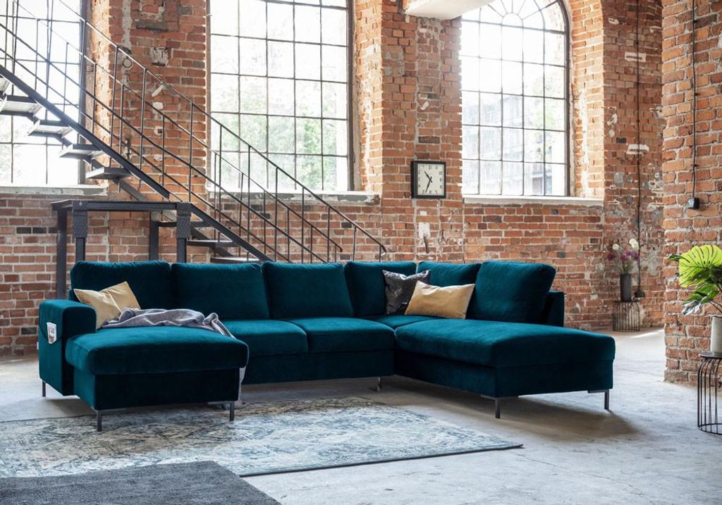 MIUFORM Lofty Lilly - Ecksofa mit Bettfunktion und Bettkasten U-FORM RECHTS - 303 x 197 cm - Velours Petrolblau - Sofa Schlafsofa Couch
