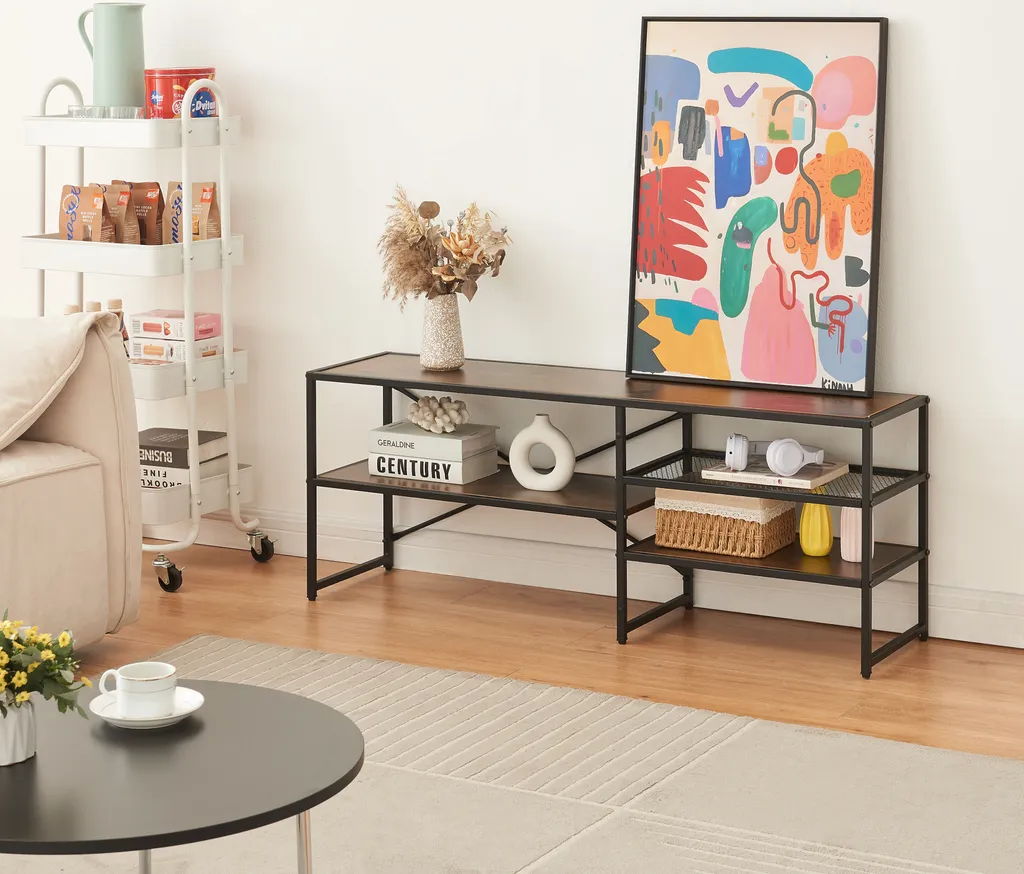 Tavolo TV 'Västiarharg' con 3 ripiani struttura in metallo 120 x 30 x 46 cm look nero/noce