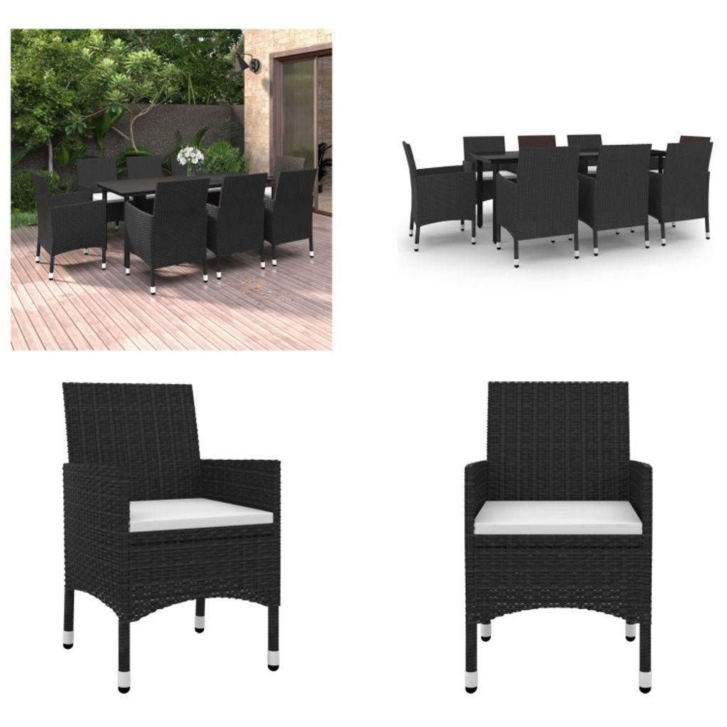 vidaXL 9 tlg. Garten Essgruppe mit Auflagen Poly Rattan und Glas - Garten-Essgruppe - Garten-Essgruppen - Outdoor-Essgruppe - Gartentisch Und Stuhl