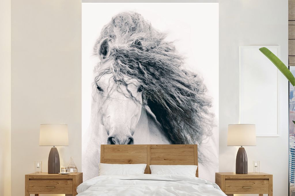 MuchoWow Fototapete für Wohnzimmer oder Schlafzimmer Wandtapete Vinyl Motivtapete Pferd - Grau - Mähne - 225x350 cm - Schlafzimmer tapete