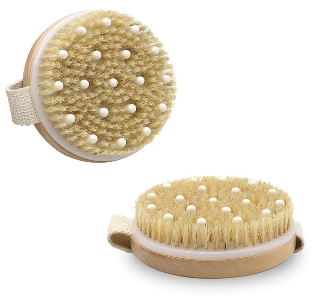 Trockenbürste, rund, 2-teilig, Körperbürste, 100 % Naturborsten, mittelweiche Massagebürste zur Cellulite-Entfernung und Lymphdrainage.