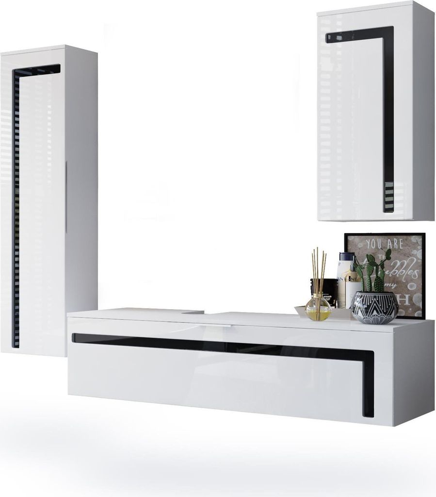 Vladon Badmöbel Komplettset Aloha, Germany, Korpus in Weiß matt / Fronten in Weiß Hochglanz mit Absetzungen in Schwarz Hochglanz