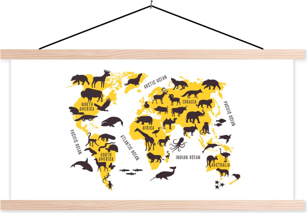 MuchoWow Textilposter Weltkarte - Gelb - Tiere 60x30 cm mit holzfarbenen Rahmen - Dekoration