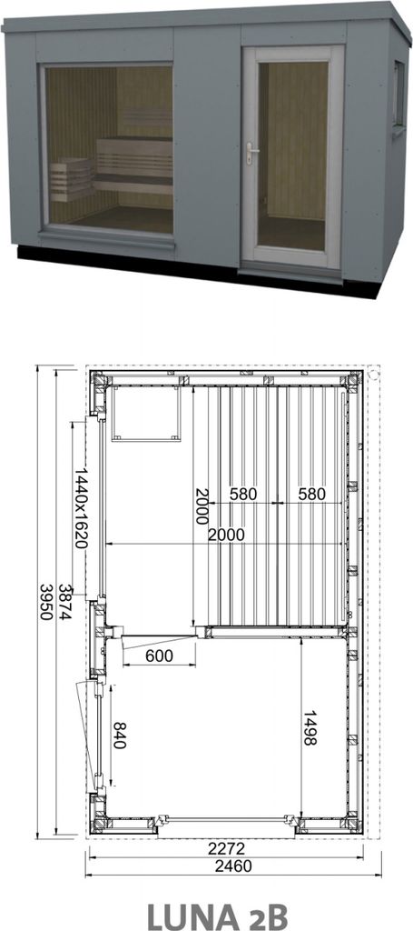 Infraworld Luna 2 Außensauna mit HPL-Platten Anthrazit versch. Fenstergrößen und Inneneinrichtung Luna 2B - Panorama-Fenster (BxH): 1440 x 1620 ...