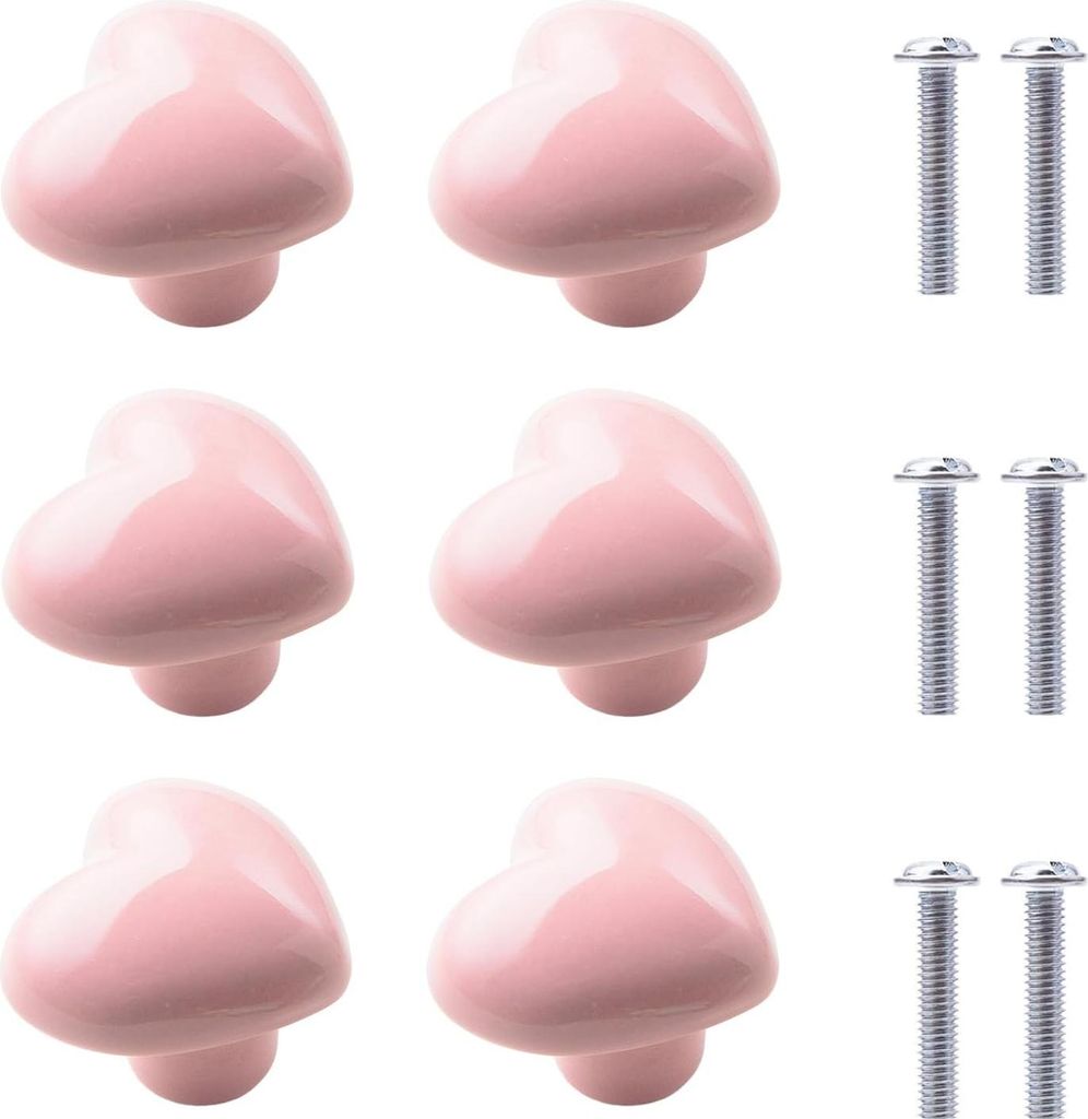 Set von 6 rosa Keramikknöpfen - herzförmig - mit Schrauben für Schubladen - Schränke - Küchenmöbel - dekorative Griffe