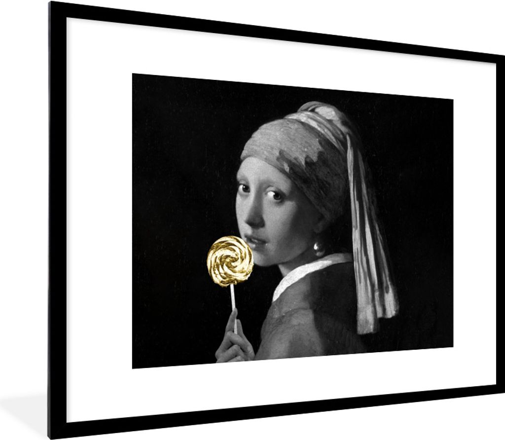 MuchoWow Gerahmtes Poster Das Mädchen mit dem Perlenohrring - Johannes Vermeer - Süßigkeiten 80x60 cm - Poster mit Schwarzem Bilderrahmen Wand...