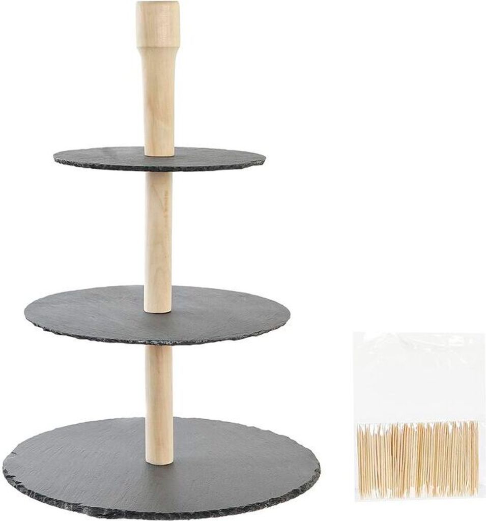 DKD Home Decor 3-stöckiges Vorspeisentablett Bambus Pizarra 28 x 28 x 39,5 cm