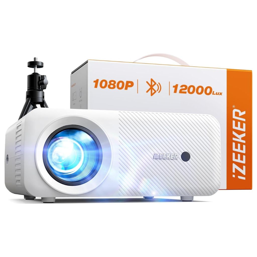 A white projector with a tripod and its packaging are displayed against a white background.