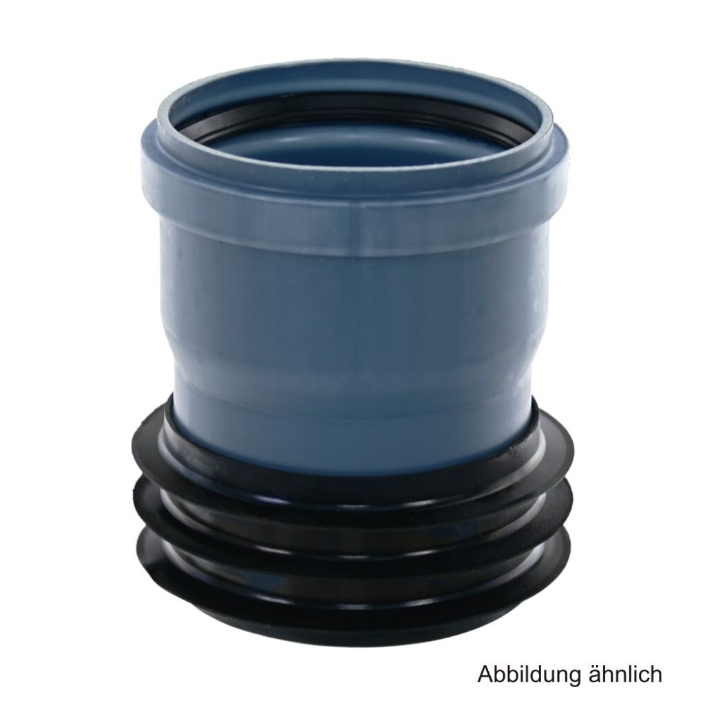 A blue pipe fitting with black rubber seals on a white background.